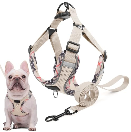 Hundegeschirr für Kleine Mittelgroße Hunde, Anti Zug Reflektierend Welpengeschirr mit Leine, Verstellbar Air Mesh Atmungsaktiv Brustgeschirr für Hunde Gassigehen, Training und Reisen (Beige, M)