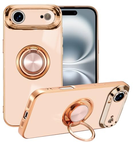 EYZUTAK Electroplated Magnetic Ring Holder Case for iPhone Air, 360 Degree Rotation Metal Anti-fall Finger Ring Kickstand Magnet Car Holder Slim Soft Silicone Shockproof Cover - Light Pink