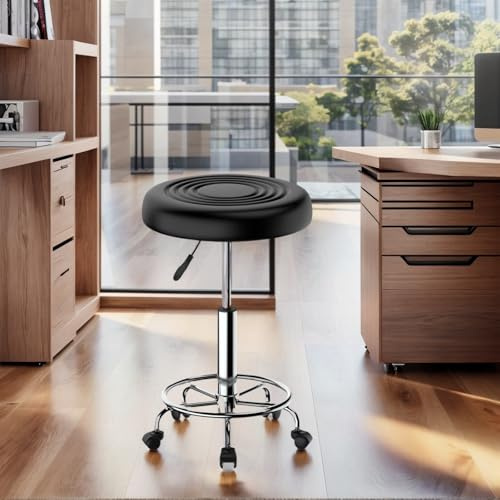 WoRaum Rollhocker PU Leder Rund Gepolstert,Hocker mit Rollen Höhenverstellbar 40-60 cm,belastbar bis 130 kg Friseurhocker Kosmetikhocker(Schwarz)