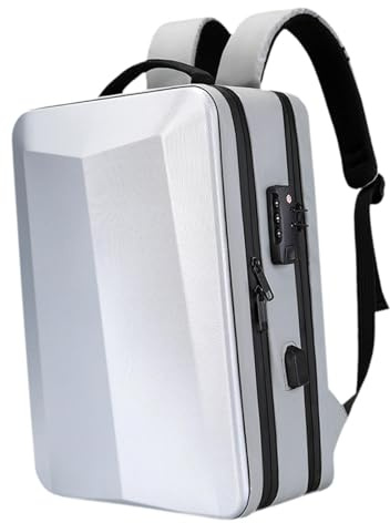 Mochila rígida para laptop con puerto de carga USB, bloqueo de contraseña, para viajes diarios, mujeres y hombres, color plateado, 15 pulgadas