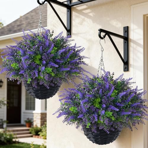 VIERENA 2 Sets Artificial Lavende & Eucalyptus Leaves Hanging Basket for Outdoor,UV-Resistant Fake Flower Hanging Basket for Porch,Window,Garden,Farmhouse,Eaves,Yard Decor