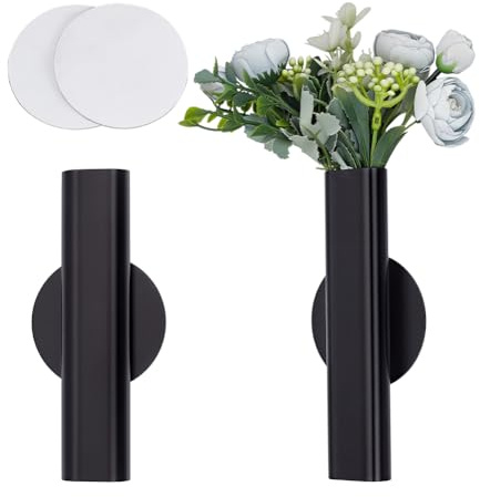 OLYCRAFT 2 Set 18cm Wand Blumenröhre Schwarz Oben/Unten Offen Wandvase Aus Metall Blumenröhren Dekorationshalter Mit 2 Bögen Doppelseitigem Klebeband Für Blumendekoration Zu Hause
