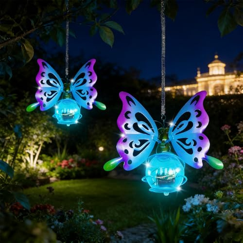 2 Stück Solar Schmetterling Lichterkette Hängend - Solarlampen für außen Garten Deko Schmetterling Solar Laterne Wasserdichte Gartenleuchten Solar Deko Garten für Außen Balkon Terrasse Gartenleuchten