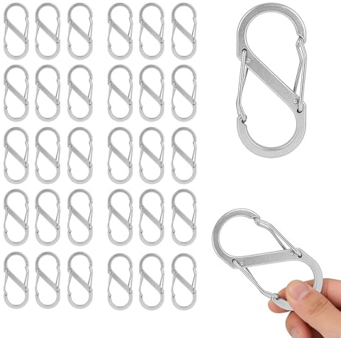 JENCVNL 30 Stück S Karabiner, 8 Förmiger Karabinerhaken Metall Doppelkarabiner, 50 mm Klein Karabiner Bunt,Mini Karabinerhaken Klein für Outdoor Camping Zuhause Wandern (Silber)