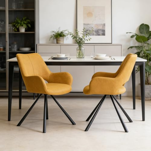 FURNISH 1 2 skandinavische Esszimmerstühle mit Armlehnen, Stoff, Füße aus Metall, Gelb, 48,5 x 58 x 81 cm