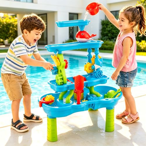 Normodic Wasserspieltisch Kinder Outdoor, Sand und Wassertisch 4-stufiger Outdoor-Spieltisch Sensorik-Spielzeug für Kleinkinder 3-12 Jahre, Wasserspielzeug für Garten Terrasse Strand Sommer