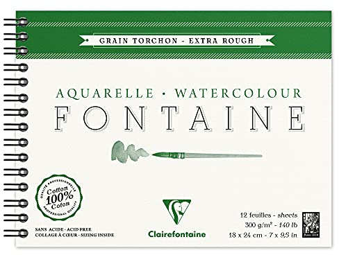 Clairefontaine 96320C målningsblock, med dubbla spiraler akvarellpapper grovkorn-torchon, fontaine/hår, 18 x 24 cm, 12 blad, 300 g förpackning, vit