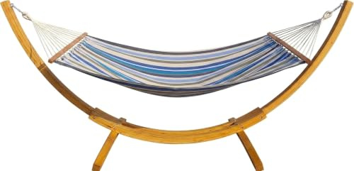 vanvilla Hängematte mit Gestell aus Lärche natufarben Lagarde 320cm x 120cm, Hängematte blau/Weiss gestreift, Edelstahlteile, Hängemattengestell Holz