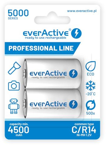 everActive Akku C 5000 mAh 2 Stück, Ni-MH, Baby R14, wiederaufladbar, vorgeladen, höchster Leistung, Professional Line 1.2V, 1 Blisterkarte