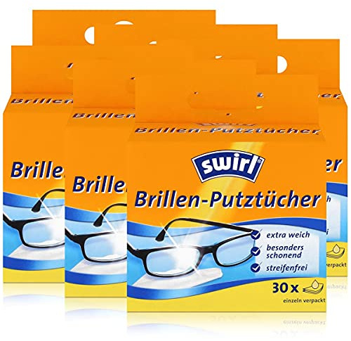 Swirl Brillen-Putztücher 30 einzeln verpackte Tücher in Spenderbox - Anti-Beschlag-Effekt - Extra weich und schonend - Fettlösend - Streifenfrei (6er Pack)