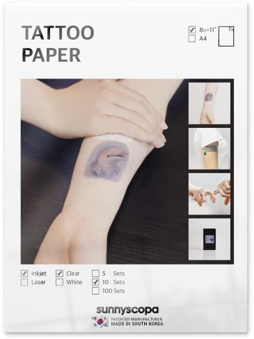 Sunnyscopa Printable Temporary Tattoo Paper for INKJET printer - US LETTER SIZE 8.5X11, 10 SHEETS - DIY Personalized Image Transfer Sheet for skin - Custom Waterslide Decal Stencil Henna