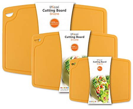Liflicon Silicone Thick Cutting Boards Mats Set of 3pcs Foldable & Flexible Design Juice Grooves Easy Grip Handle Dishwasher Safe for Kitchen,BPA free Silicone Cutting Mats-Yellow