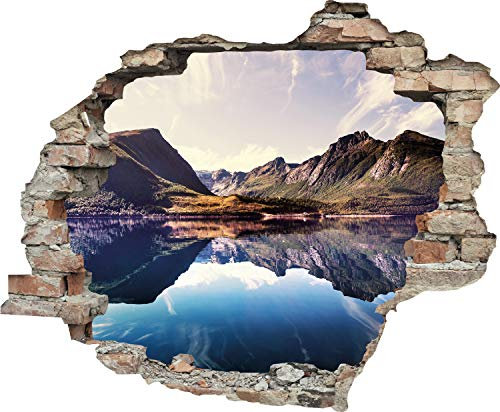 Queence | 3D-Effekt Wandtattoo 60x50 cm | Aufkleber | Fenster | Durchbruch | selbstklebendes Wandbild | Wandsticker | Wanddurchbruch | Wandaufkleber | Tattoo Natur See Berge
