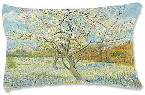BONNIU Zierkissenbezüge mit Reißverschluss 50X90 cm Samt Kissenbezug Landschaft Kunst King Size - Van Gogh - Pfirsich-Baum In Der Blüte VG241