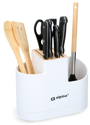 alpina Bloc Couteaux et Porte-Ustensiles de Cuisine - Organiseurs de Cuisine - Plastique/Bambou - Blanc