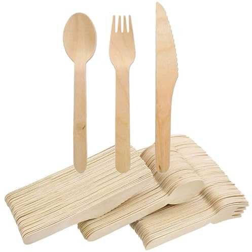 150pcs Disposable Cutlery Set, Eco-Friendly Cutlery, Forks Wooden Spoons Set Plastic Free Packaging for Picnic Party - 50 Wooden Forks, 50 Wooden Spoons, 50 Wooden Knives
