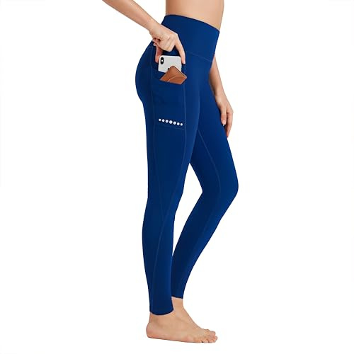BAYGE Damen Sport Leggings Winter Hohe Taille Fleece Gefüttert Wasserdicht Blickdicht Bauchkontrolle Slim Fit Yogahose Sporthose Sweathose Fitnesshose mit Taschen, Blau, S