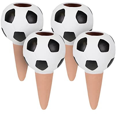 Relaxdays Tonkegel Bewässerung, 4er Set, Gießkugel Pflanzen, je 100 ml, Fußball-Design, Bewässerungskugel, weiß/schwarz