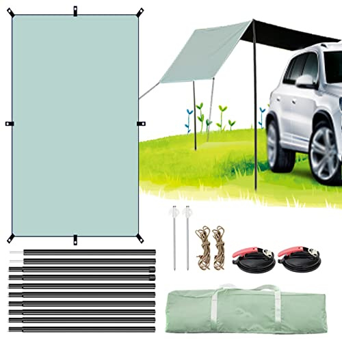 json2xml Universal Auto Markise Sonnenschutz, 2×4.4m Anti-Uv Sonnenschutz Mit Verstellbaren Tarp Pole & Saugnapf, Campervan Markise Für Schnee Strand Camping Outdoor Reisen, SUV Markise Camping Zelt