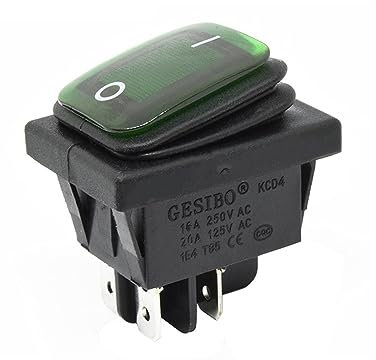 JENKEM 16A 250VAC -201 Interrupteur à Bascule étanche 12V 220V Rouge Vert Bleu Jaune lumière illuminée DPST Interrupteur 4 Broches on Off (Color : Green LED, Size : 220V)