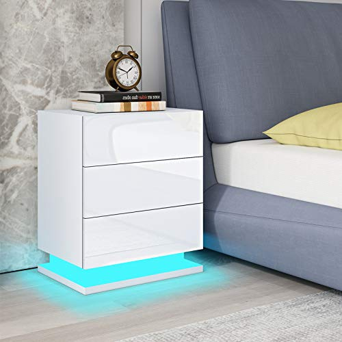 Senvoziii Nachttisch RGB LED Beleuchtung Nachtschrank Kommode Hochglanz mit 3 Schubladen Nachtkommode Ablagetisch für Schlafzimmer Wohnzimmer Weiß 50x35x60cm