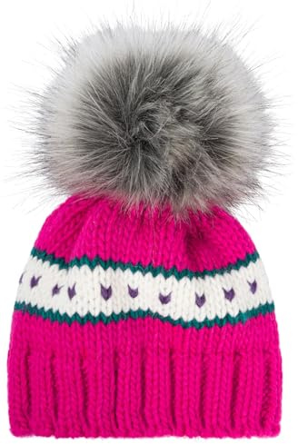styleBREAKER Kinder Strick Bommelmütze Herzchen Muster Fleece | Für 3-5 Jahre (48-54cm Kopfumfang), 20cm Bundweite, 18cm Höhe, isolierendes Thermo-Innenfutter, 10cm Fake-Fur Pompon, weich.