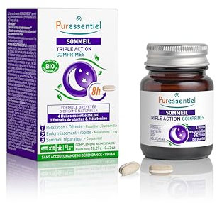 Puressentiel – Sommeil - Comprimés Triple Action - Mélatonine, 4 Huiles essentielles BIO, 4 Extraits naturels de plantes - Réduit le temps d'endormissement et favorise le sommeil réparateur - x15