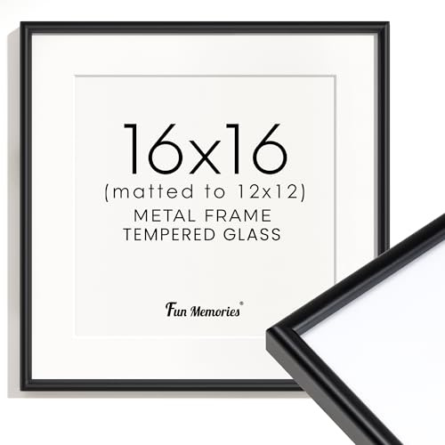 Fun Memories Black Metal Picture Frame 16x16, Metal 16 x 16 Frames for Wall, Square 16x16 Frame with Mat for 12x12, Modern 16 by 16 Aluminum Frame with Tempered Glass