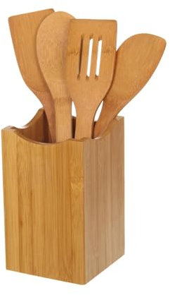 LEKE GO Porta Utensilios Marrón de Bambú Incluido 4 Utensilios Tipicos para Cocina Sol Nacido