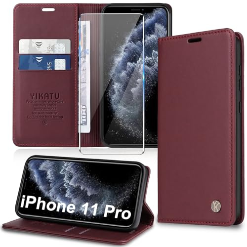 Migexxkj Handyhülle für iPhone 11 Pro Hülle [mit Schutzfolie][Premium PU Leder] Klapphülle Kartenfach Magnetic Ständer Flip Case Cover Etui Tasche Schutzhülle für iPhone 11 Pro 5.8“ (Red)