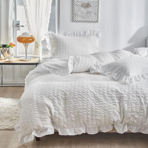Luofanfei Housse de Couette 220x240 Volant Blanc Seersucker Unie Parure de Lit Adulte 2 Personnes Linge de Lit en Microfibre Uni Parure Housse Couette zippée 220 x 240 avec 2 Taies d'oreiller 65x65