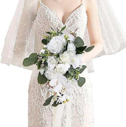 Blumenstrauß, Hochzeitsstrauß, Hochzeitsstrauß, Blumenstrauß, künstlicher Brautstrauß, 11 Zoll weißer künstlicher Hochzeitsstrauß Braut Brautstrauß Brautjungfernstrauß werfen