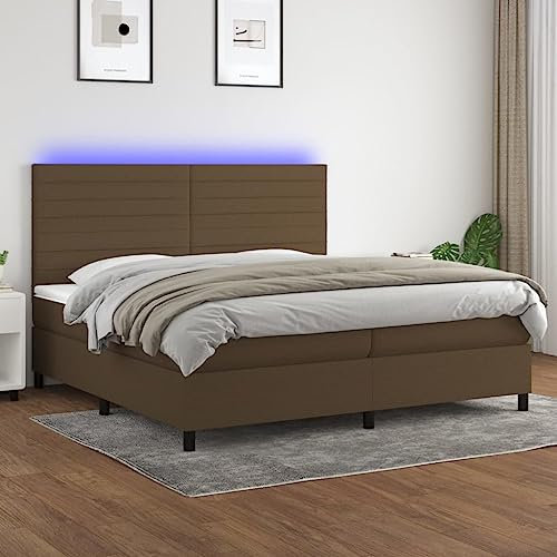 Boxspringbett mit Matratze & LED,Bettgestell mit Kopfteil,Plattform-Bettgestell,Lattenrost,mit Scheren-Symbol – Sicheres Zuschneiden,für Schlafzimmer, Arbeitszimmer, Dunkelbraun 200x200 cm Stoff