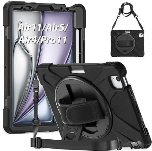 Gerutek Funda Anticaída para iPad Air 7ª M3 (2025)/6ª Gen M2 (2024) 11 Pulgadas/iPad Air 5ª 2022/Air 4ª 2020 10.9, Carcasa Rugosa con Soporte 360° Giratorio, Correa de Mano/Hombro, Portalápiz, Negro