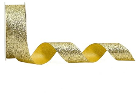 Schleifenband Geschenkband 25mm Breit, Hochzeit Glitzer Schleifenband Stoffband Dekoband Geschenkband für Geschenkverpackung Basteln Geburtstag Kunsthandwerk Blumenstrauß Hochzeit Deko (Gold)