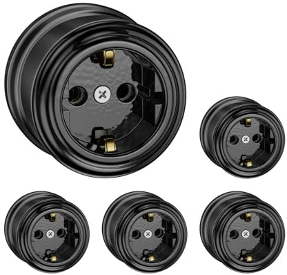ledscom.de 5x Aufputzsteckdose Porzellan PORS, schwarz glänzend, rund, ⌀ 65 mm