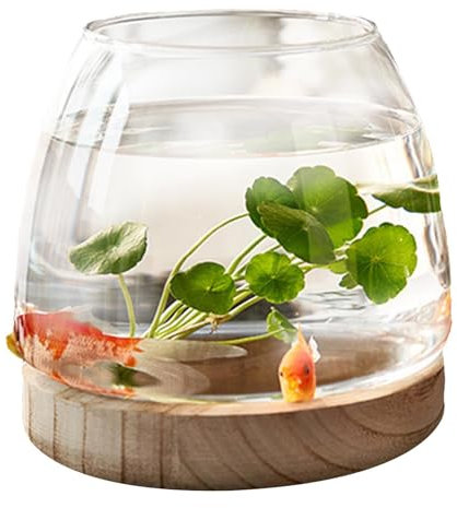 Glass Fish Bowl with Wooden Base, Clear Terrarium Globe Fish Tank Flower Vase Small Aquarium Betta Fish Gold Fish Tank, Hydroponic Plant Terrarium, Desktop Fish Bowl Tank for Home Decoration