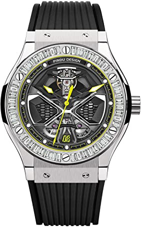 PINDU Automatic Watches for Men, Skeleton Watches for Men Analog Tourbillon Watch Starry Sky Dial 12-Hour Small Dial Moon Phase Mechanical Watch Blue Leather Strap… (6552-White Yellow)