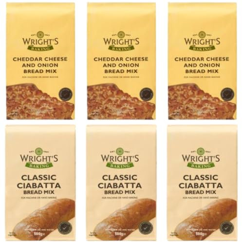 Wright's Cheddar Cheese & Onion Bread Mix 3X500g & Ciabatta Bread Mix 3X500g – Easy Bread Flour for Baking Machine & Oven – Artisan-Style Loaves, Pizza Dough, Homemade Fresh Bread, Freezer-Friendly