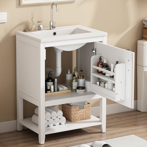 A ALFRESCOOL Badmöbel Einzelwaschtisch,waschbecken mit unterschrank Waschtischunterschrank 60 cm mit Keramikwaschbecken,mit Ablage,weiß