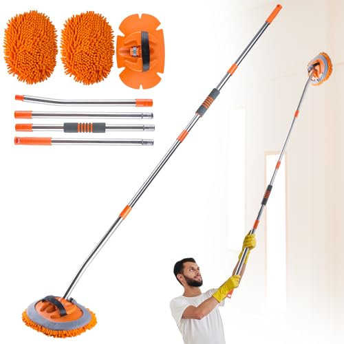Wall Cleaner Mop with 68” Long Handle,15°Labor-Saving Elbow,Multi-Surface Duster for Painted Walls,Floor,Baseboard & Windows, Includes 2 Replaceable Microfiber Chenille Pads (Orange)