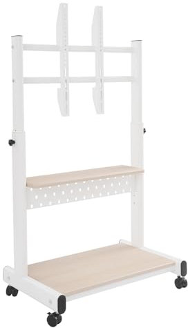 TV-stativ rullbar för 43–86 tums TV höjd justerbar 108,5–128,5 cm max. 100 kg TV-stativ med hjul, förvaringsfack, stativ, TV, golvstativ, rullbil, TV-vagn, stativ, träfärg (vit)