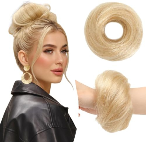 PORSMEER Blond 30g 100% Echthaar Haarteil Mit Gummiband,Natürliche Unordentlich dutt extensions echthaar Haarteil Haargummi Hochsteckfrisuren unordentlicher Haarverlängerung für Damen Mädchen 613#