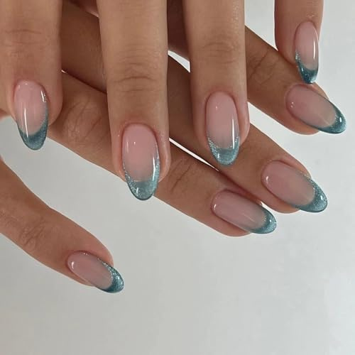 24pcs French Tip Press on Nails Short- Blue Tips False Nails Short, Full Cover Almond Nail Tips Long Lasting, Stick on Nails for Women Home DIY Manicure- Easy Press-on Application