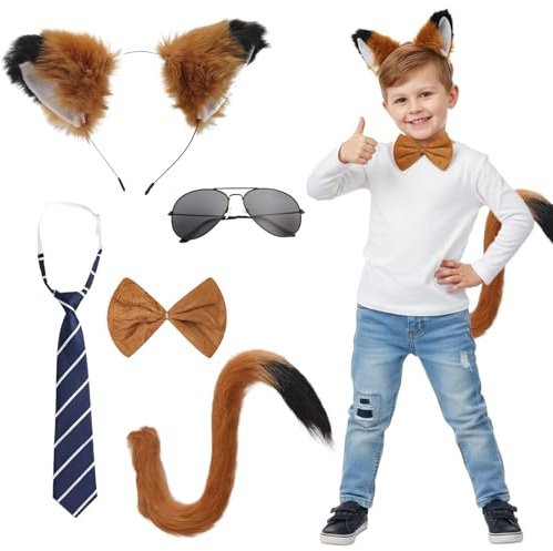 Xerteam Set di 5 accessori per costume da volpe, con orecchie di volpe, fascia per capelli, coda, papillon, occhiali da sole, cravatta, per bambini e adulti, grazioso costume da animale per la