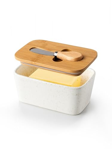 HOME DECOR Butterdose Keramik, Butterglocke mit Deckel, Französische Butterdose für Frische und Streichfähigkeit Butter, BPA Frei -Gesprenkeltes Creme | 250 g / 260 ml Fassungsvermögen, reaktive Glasurkeramik, ideal für große Familien, Mikrowellen- und spülmaschinenfest