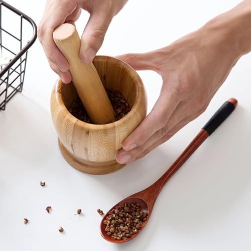 Mortaio con pestello - per aglio in legno, macinaspezie manuale | per macinare l'aglio realizzata a mano, miscelatore per condimenti da cucina tradizionale con base in legno spesso pe