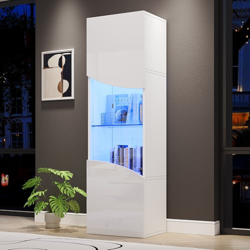 Merax Vitrinenschrank Hochglanz mit LED-Beleuchtung, Modern Glasvitrine Stehend mit Glastüren und Glasablagen, Hochschrank Sammlervitrine Bücherregal Standvitrine für Wohnzimmer Büro, Weiß, 165cm