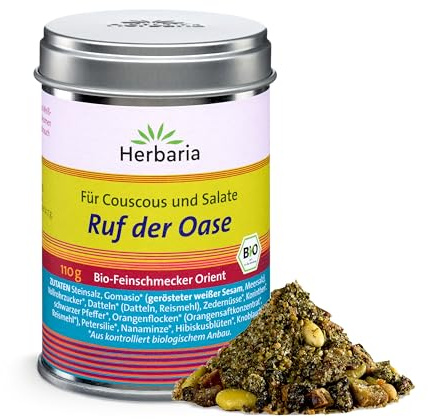 Herbaria der Oase, 100 g | Orientalisches Bio Gewürz, minzig-fruchtig, für Couscous, Tabouleh & Bulgur, Bowls, Reis- & Nudelsalate, in der Weißblechdose