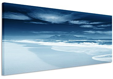 Paul Sinus Art 150x50cm Wandbild – Farbe Blau Petrol Panoramabild Wandbild auf echter Leinwand in sehr hoher Qualität - Strand mit Meer und Bergen